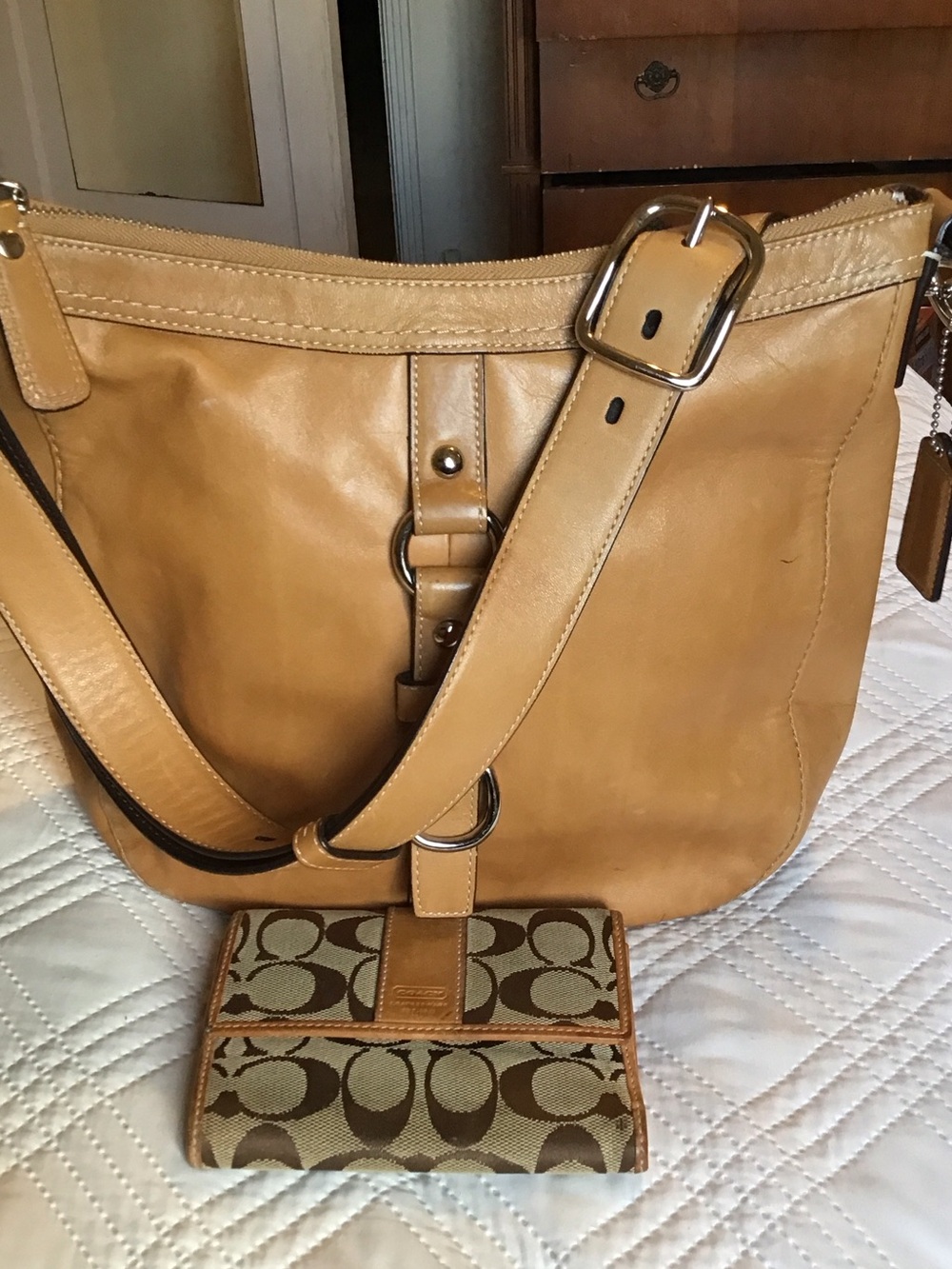 Coach Tan Leather Shoulder Bag with Signature Canvas Wallet